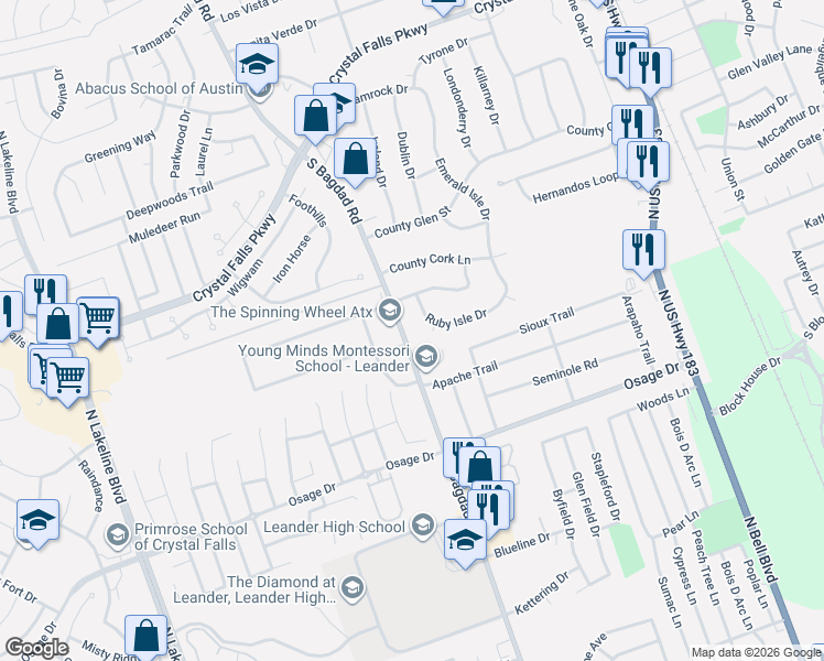 map of restaurants, bars, coffee shops, grocery stores, and more near 714 Ruby Isle Drive in Leander