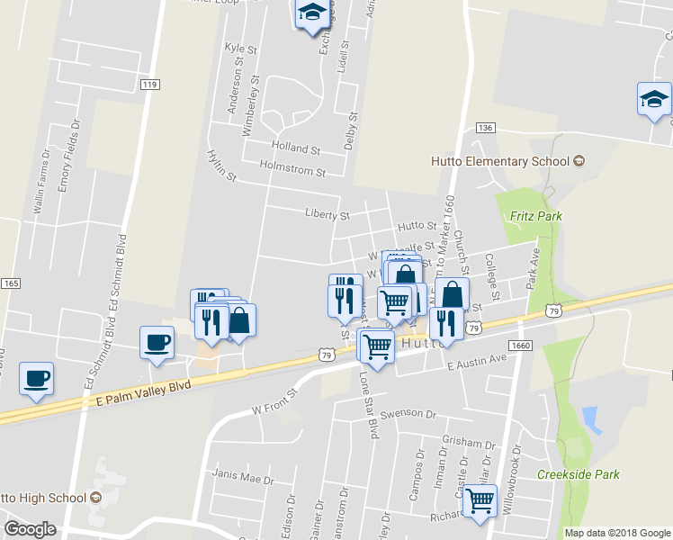 map of restaurants, bars, coffee shops, grocery stores, and more near 407 West Metcalfe Street in Hutto