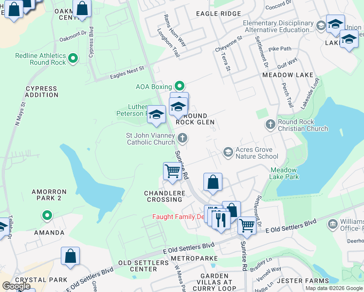 map of restaurants, bars, coffee shops, grocery stores, and more near 3201 Sunrise Road in Round Rock