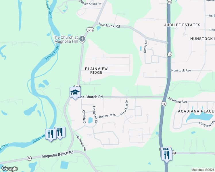 map of restaurants, bars, coffee shops, grocery stores, and more near 7295 Jeane Lane in Denham Springs
