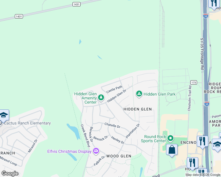 map of restaurants, bars, coffee shops, grocery stores, and more near 1124 Castle Path in Round Rock