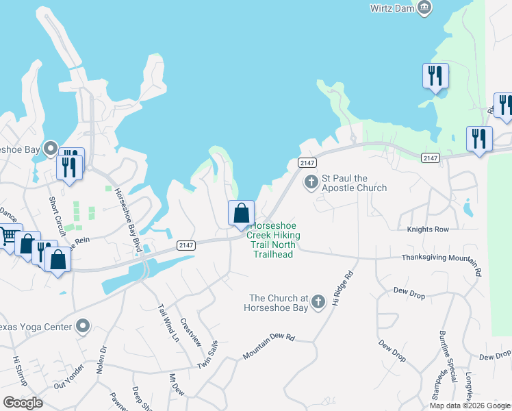 map of restaurants, bars, coffee shops, grocery stores, and more near 102 Bunny Run Lane in Horseshoe Bay