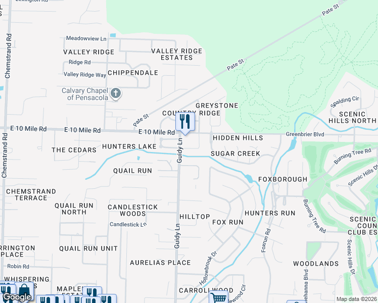 map of restaurants, bars, coffee shops, grocery stores, and more near 10320 Vintage Drive in Pensacola