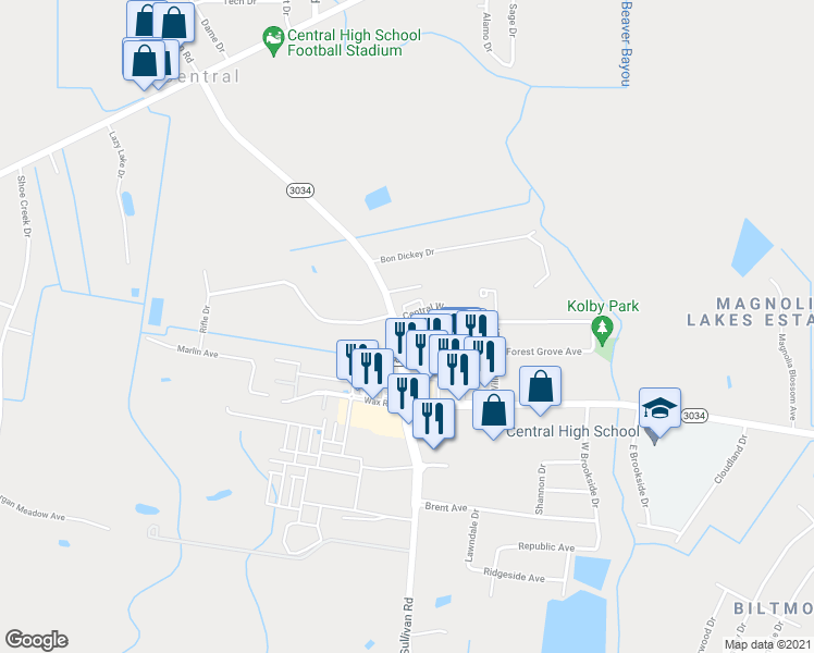 map of restaurants, bars, coffee shops, grocery stores, and more near 10818 Sullivan Road in Baton Rouge