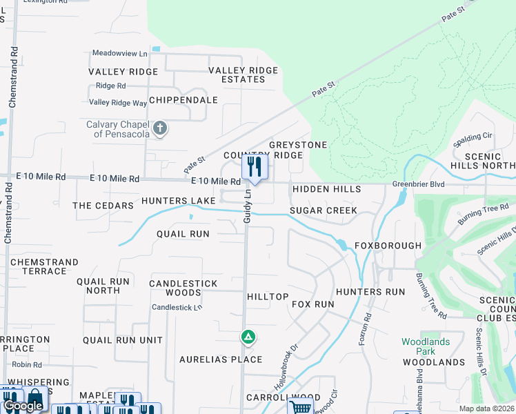 map of restaurants, bars, coffee shops, grocery stores, and more near 10335 Vintage Drive in Pensacola
