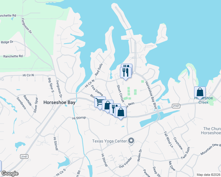 map of restaurants, bars, coffee shops, grocery stores, and more near 600 Free Rein in Horseshoe Bay
