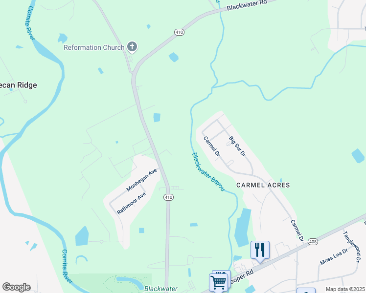 map of restaurants, bars, coffee shops, grocery stores, and more near 10246 Blackwater Road in Baker