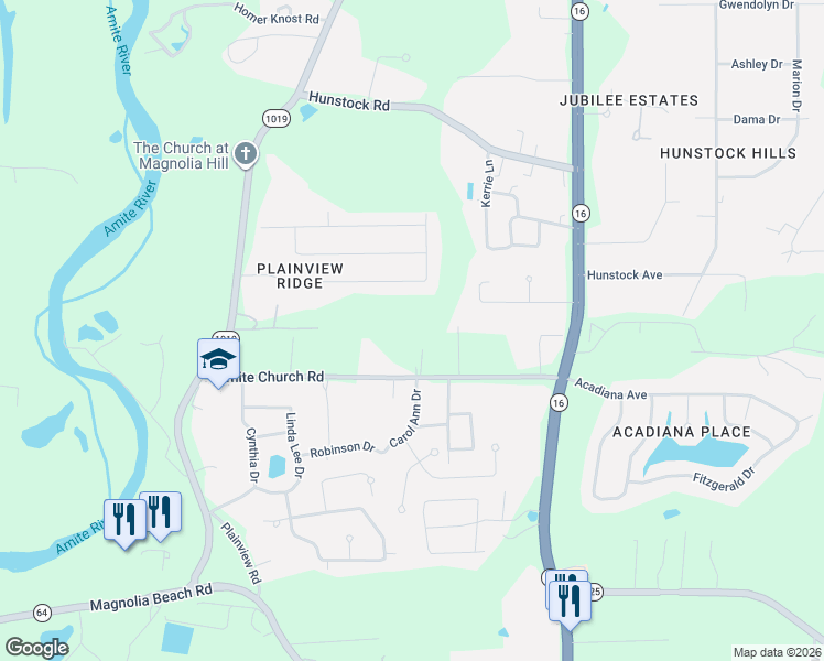 map of restaurants, bars, coffee shops, grocery stores, and more near 7559 Amite Church Road in Denham Springs