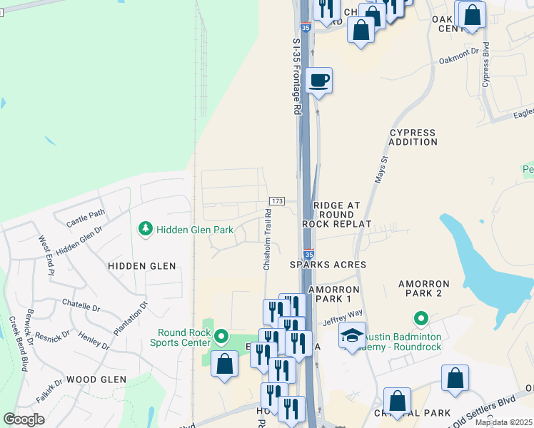 map of restaurants, bars, coffee shops, grocery stores, and more near 3100 Chisholm Trail Road in Round Rock