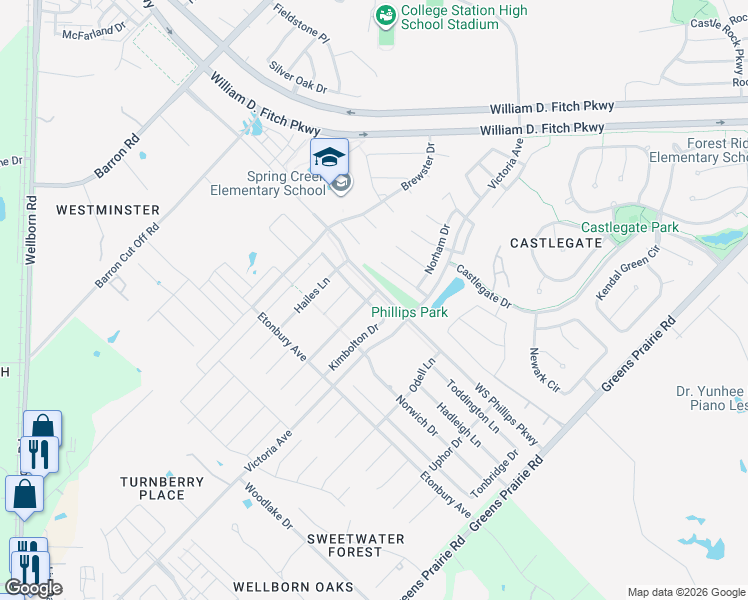 map of restaurants, bars, coffee shops, grocery stores, and more near 4201 Muncaster Lane in College Station