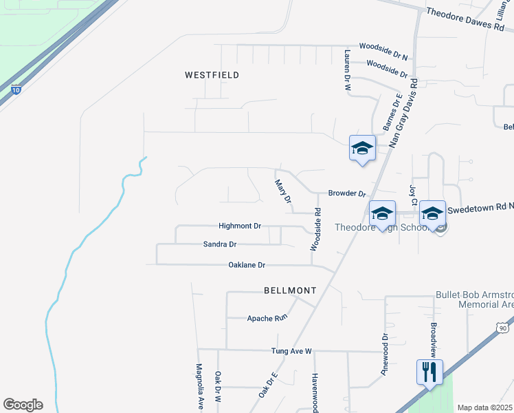 map of restaurants, bars, coffee shops, grocery stores, and more near 6641 David Drive South in Theodore