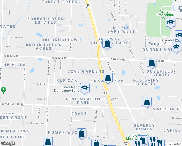 map of restaurants, bars, coffee shops, grocery stores, and more near 518 Evening Falls Drive in Pensacola
