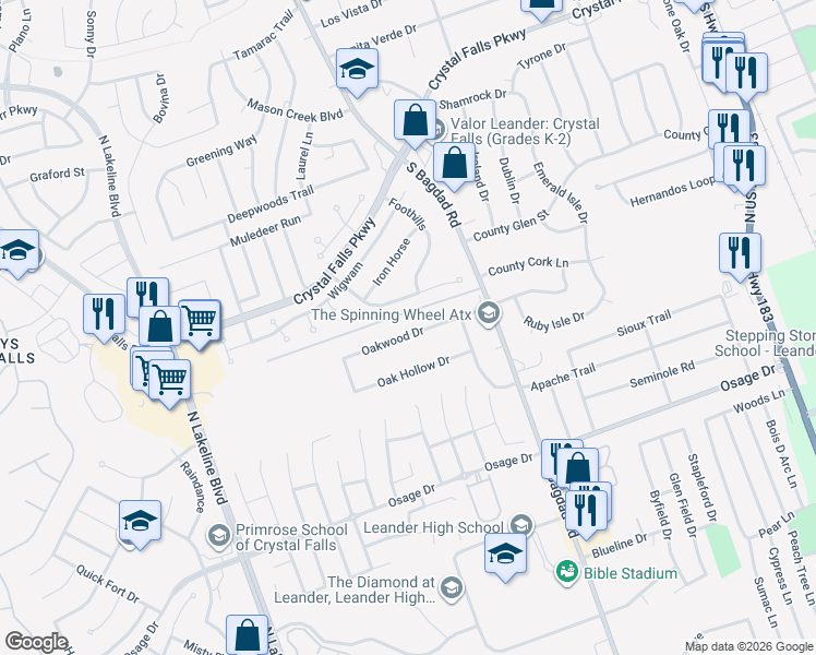 map of restaurants, bars, coffee shops, grocery stores, and more near 1103 Oakwood Drive in Leander
