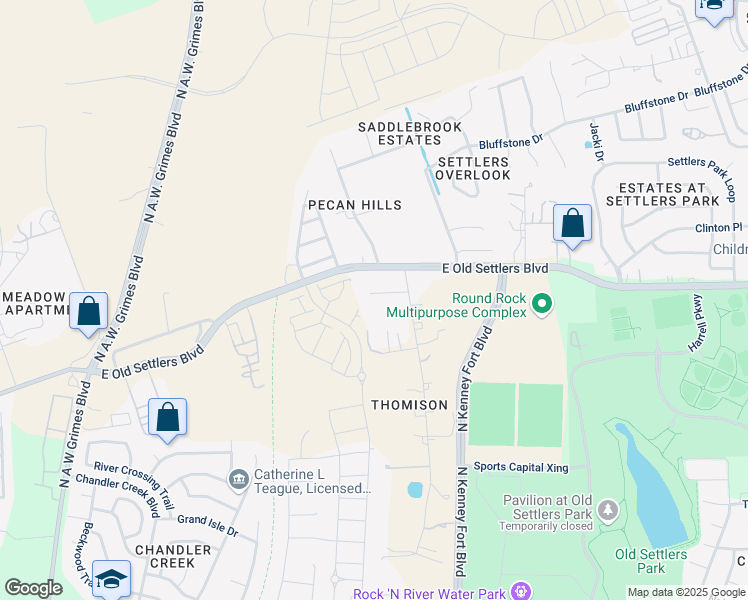 map of restaurants, bars, coffee shops, grocery stores, and more near 3 Tammy Lane in Round Rock