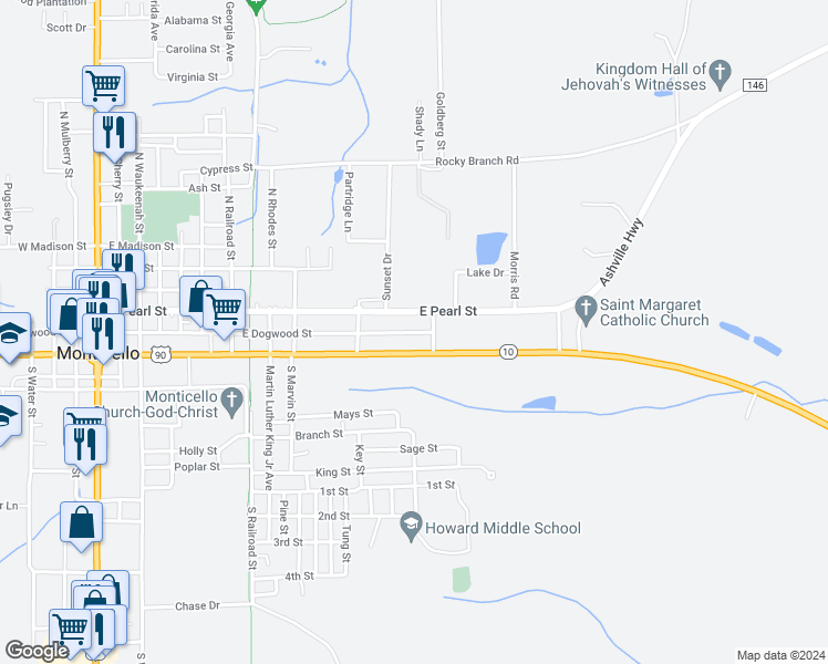 map of restaurants, bars, coffee shops, grocery stores, and more near 215 Simpson Avenue in Monticello