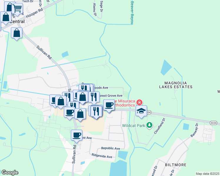 map of restaurants, bars, coffee shops, grocery stores, and more near 14835 Central Woods Avenue in Baton Rouge