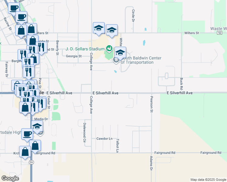 map of restaurants, bars, coffee shops, grocery stores, and more near 19183 Silverhill Avenue in Robertsdale