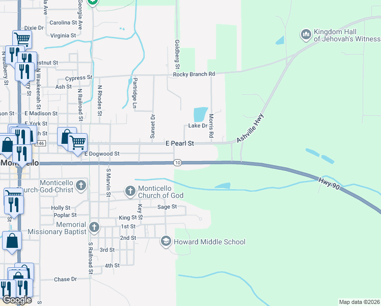 map of restaurants, bars, coffee shops, grocery stores, and more near 1390 East Washington Street in Monticello