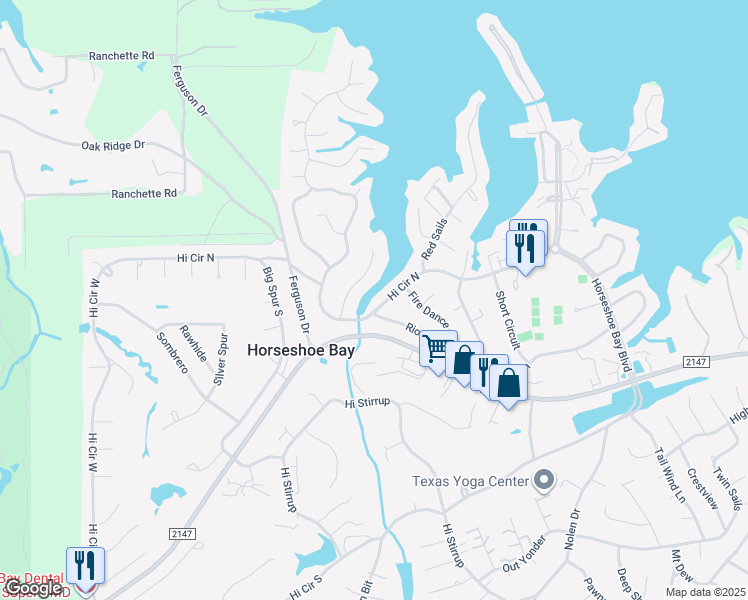 map of restaurants, bars, coffee shops, grocery stores, and more near 613 Hi Circle North in Horseshoe Bay