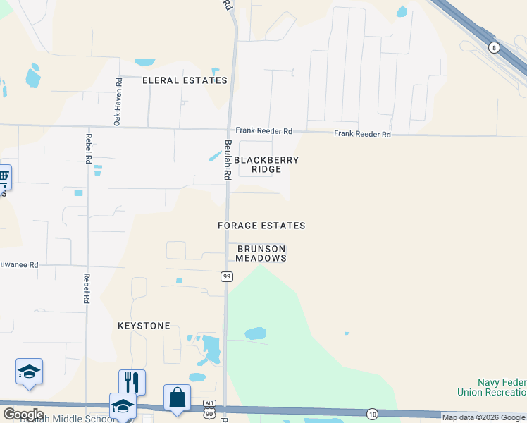 map of restaurants, bars, coffee shops, grocery stores, and more near 10020 Beulah Road in Pensacola