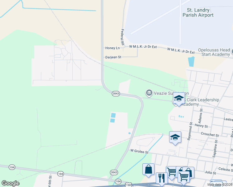 map of restaurants, bars, coffee shops, grocery stores, and more near Louisiana 3043 in Opelousas