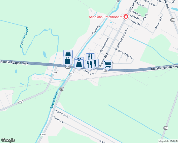 map of restaurants, bars, coffee shops, grocery stores, and more near 158-174 Frisco St in Port Barre