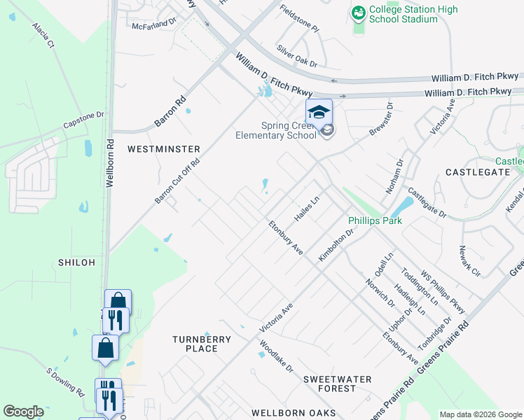 map of restaurants, bars, coffee shops, grocery stores, and more near 4023 Eskew Drive in College Station