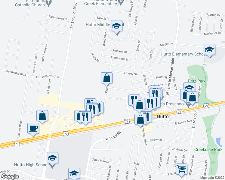 map of restaurants, bars, coffee shops, grocery stores, and more near 535 West Metcalfe Street in Hutto