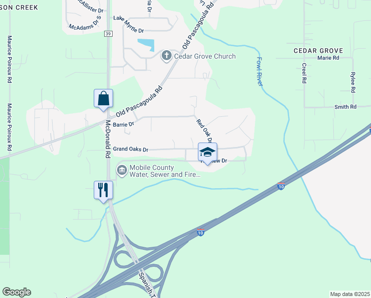 map of restaurants, bars, coffee shops, grocery stores, and more near White Oak Drive in Mobile County