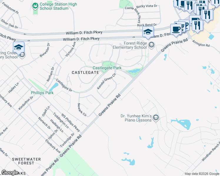 map of restaurants, bars, coffee shops, grocery stores, and more near 4416 Pickering Place in College Station