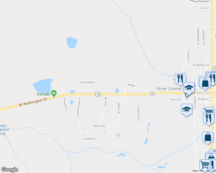 map of restaurants, bars, coffee shops, grocery stores, and more near 1490 West Washington Street in Monticello