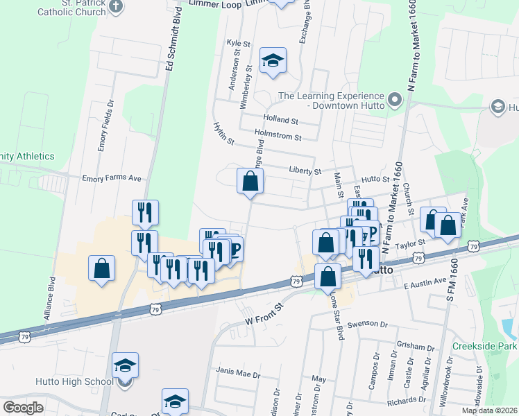 map of restaurants, bars, coffee shops, grocery stores, and more near 537 West Metcalfe Street in Hutto