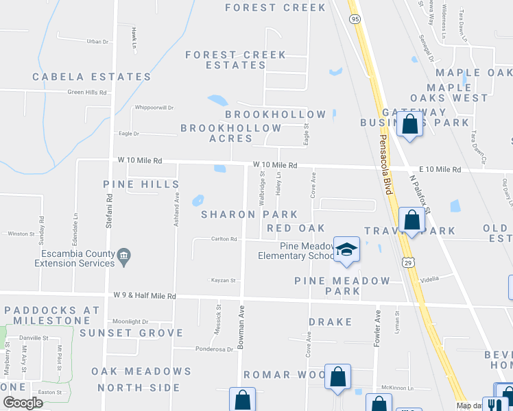map of restaurants, bars, coffee shops, grocery stores, and more near 10261 Walbridge Street in Pensacola