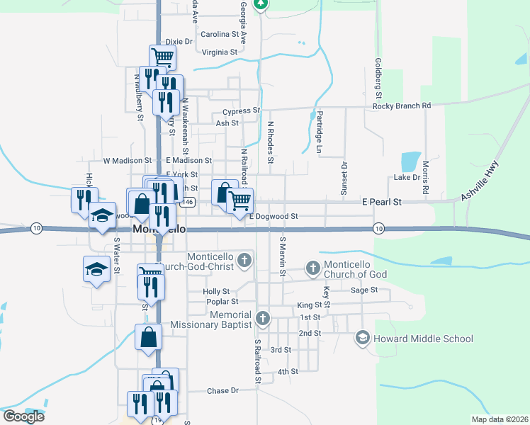 map of restaurants, bars, coffee shops, grocery stores, and more near 205 North Rhodes Street in Monticello