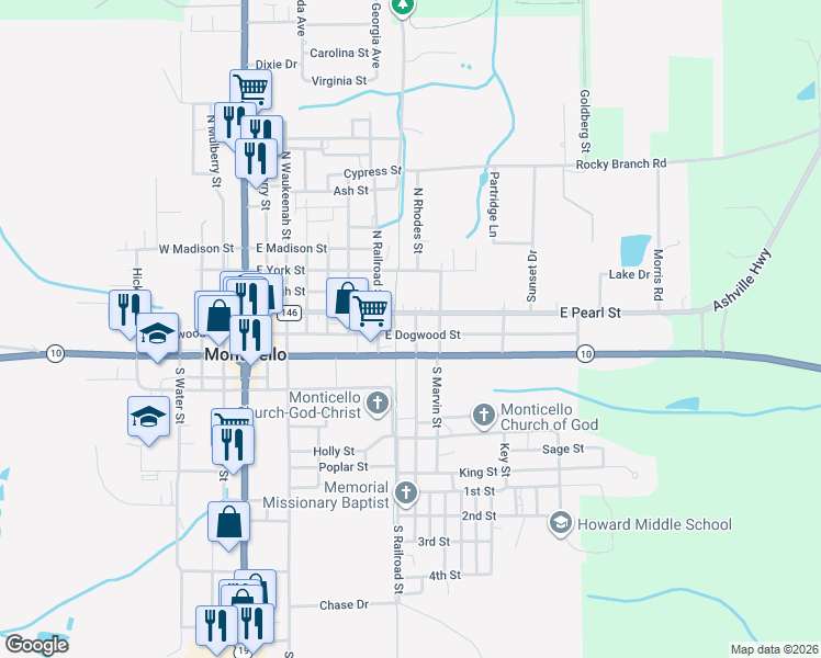 map of restaurants, bars, coffee shops, grocery stores, and more near 205 North Rhodes Street in Monticello