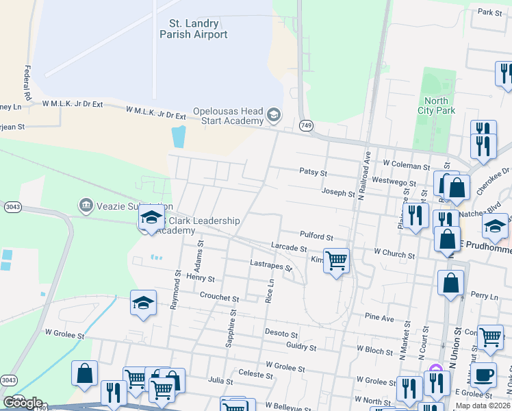 map of restaurants, bars, coffee shops, grocery stores, and more near 1116 Garland Avenue in Opelousas