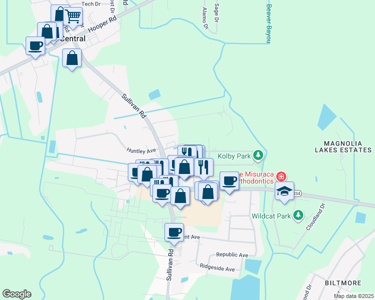 map of restaurants, bars, coffee shops, grocery stores, and more near 14452 Central Woods Avenue in Baton Rouge