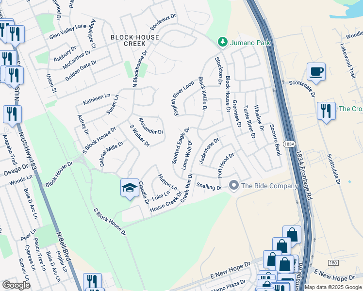 map of restaurants, bars, coffee shops, grocery stores, and more near 16415 Spotted Eagle Drive in Leander
