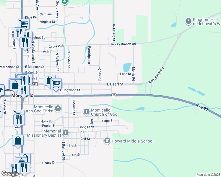 map of restaurants, bars, coffee shops, grocery stores, and more near 215 Simpson Avenue in Monticello