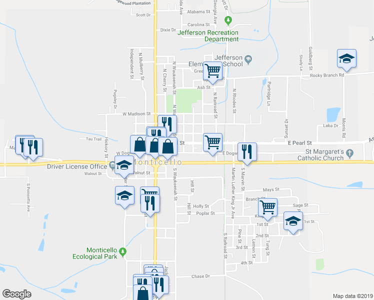 map of restaurants, bars, coffee shops, grocery stores, and more near 440 East Dogwood Street in Monticello