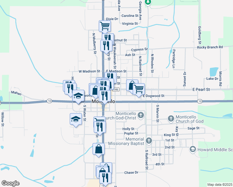 map of restaurants, bars, coffee shops, grocery stores, and more near 440 East Dogwood Street in Monticello