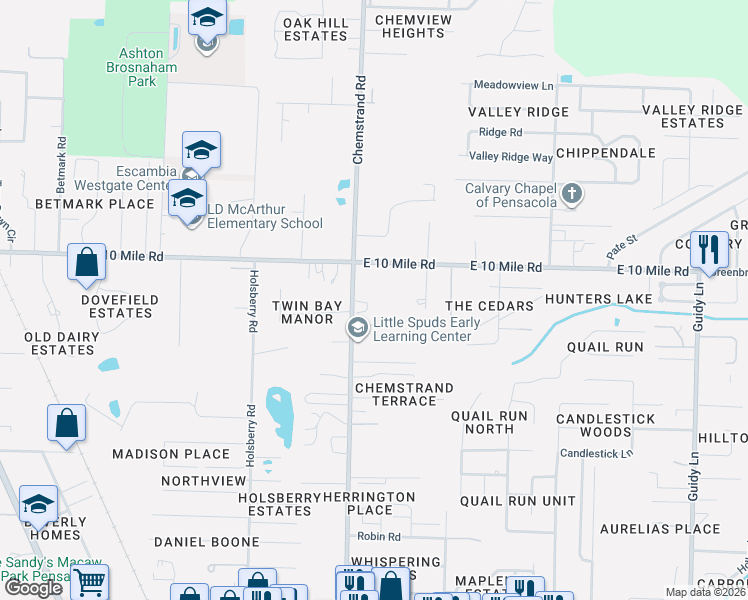 map of restaurants, bars, coffee shops, grocery stores, and more near 10000 Chemstrand Road in Pensacola