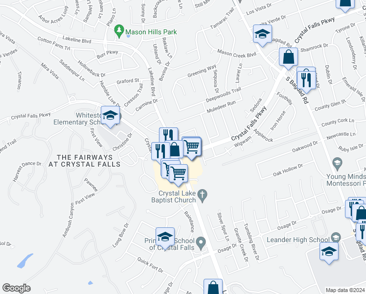map of restaurants, bars, coffee shops, grocery stores, and more near 1751 Crystal Falls Parkway in Leander