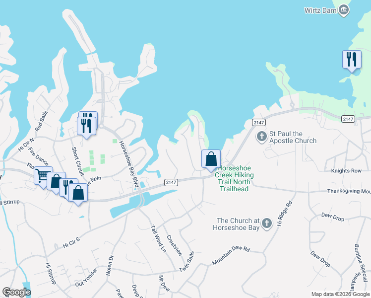 map of restaurants, bars, coffee shops, grocery stores, and more near 320 Lucy Lane in Horseshoe Bay