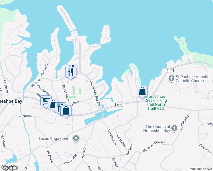 map of restaurants, bars, coffee shops, grocery stores, and more near 117 Bay Point Dr in Horseshoe Bay