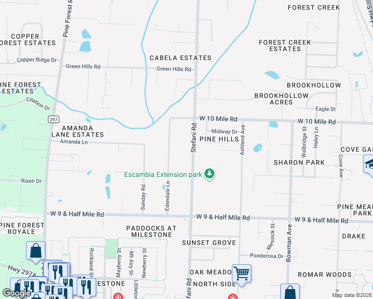 map of restaurants, bars, coffee shops, grocery stores, and more near 3561 Stefani Road in Ensley