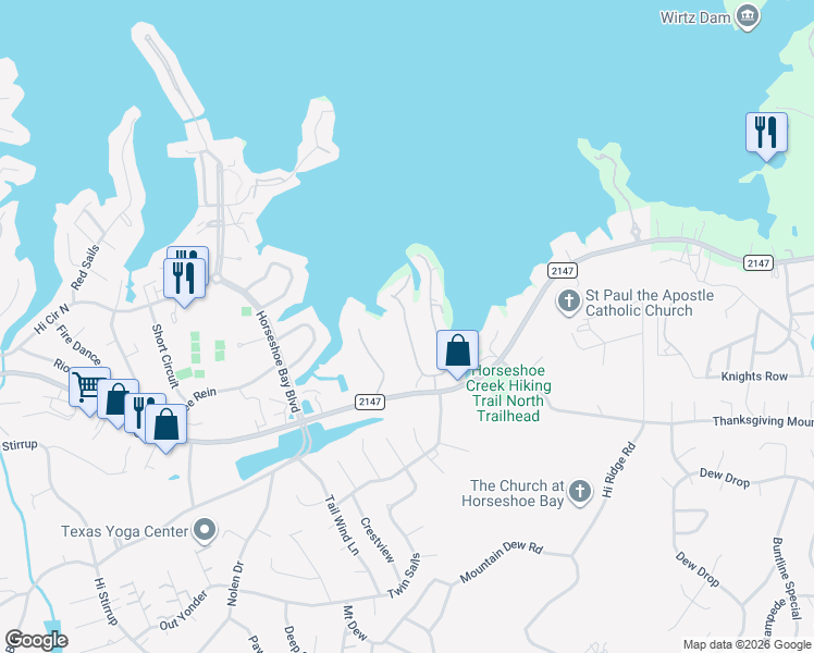 map of restaurants, bars, coffee shops, grocery stores, and more near Lucy Lane in Horseshoe Bay