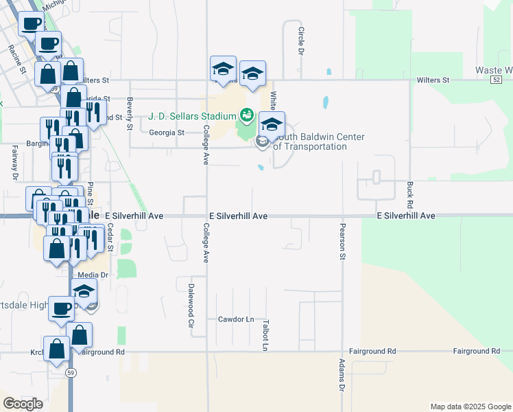 map of restaurants, bars, coffee shops, grocery stores, and more near 19183 Silverhill Ave in Robertsdale