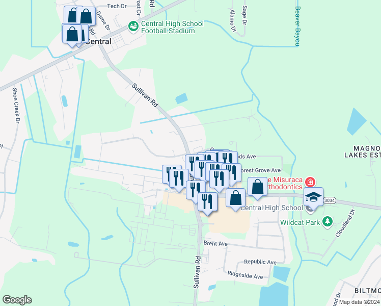 map of restaurants, bars, coffee shops, grocery stores, and more near 10818 Sullivan Road in Baton Rouge