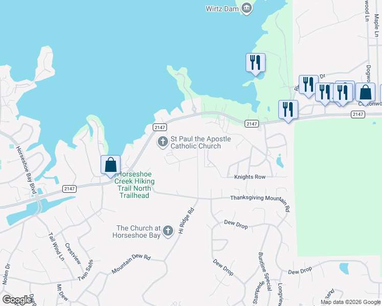 map of restaurants, bars, coffee shops, grocery stores, and more near 308 Dalton Circle in Horseshoe Bay